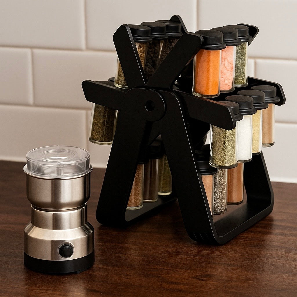 Set Gourmet de Bucătărie – Organizator Rotativ Condimente + Râșniță Electrică